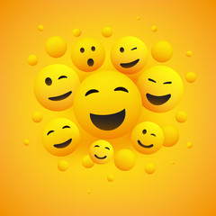 Various Smiling and Laughing Happy Emoticons in Front of a Yellow Background, Vector Concept Illustration 
