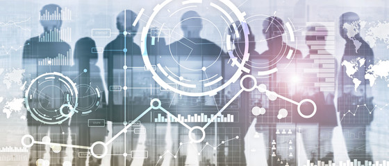 Business interface mixed media double exposure financial chart graph diagram and icon on virtual screen. Innovation concept.