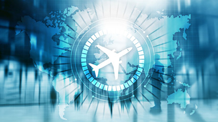 Online booking 3D icon airplane on virtual screen.