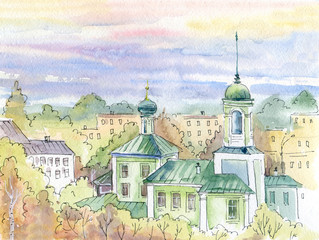 Cityscape. Watercolor. The old Cathedral in Vologda, Russia. The sky, the domes, the roofs of the houses.