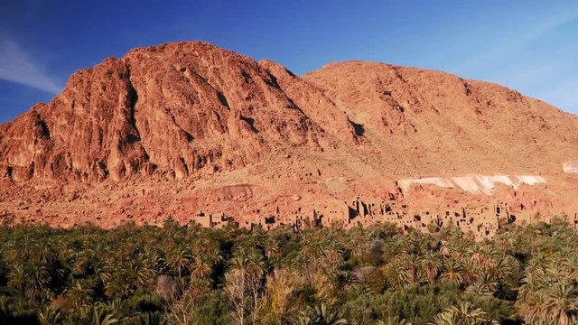 Panning shot of green oasis and ancient african mud houses near Gorges du Todra in Morocco