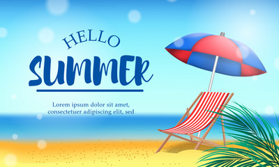 Hello summer time with beach landscape holiday travel with chair and umbrella relax on tropical