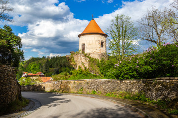 Fototapeta na wymiar Old tower in Bechyne - old city in South Bohemian region, Czech republic.