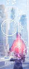 Vertical Panorama Banner. Business interface mixed media double exposure financial chart graph diagram and icon on virtual screen. Innovation concept.