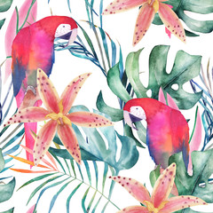 Tropical seamless pattern with parrots,  orchids and leaves. Watercolor summer print. Exotic floral hand drawn illustration