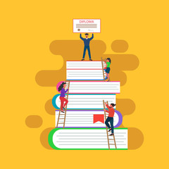 Online education concept with young people. Diploma receiving. Vector illustration can use for training courses, home schooling, distance and e-learning learning.