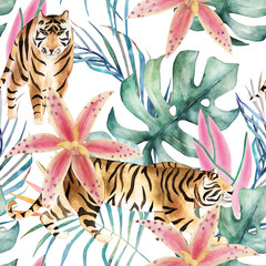 Tropical seamless pattern with tigers, orchids and leaves. Watercolor summer print. Exotic floral hand drawn illustration