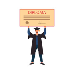 Happy student graduation holding a  diploma. Vector illustration can use for presentations, education, colleges and institutes,  infographics.