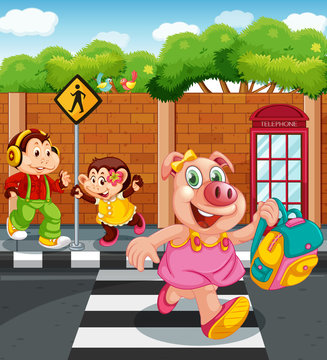 Cartoon animal character going to school