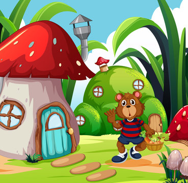 A bear with vegetable basket in fantasy land