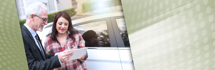 Car salesman giving explanations on tablet to young woman, light effect. panoramic banner