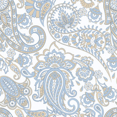 Paisley ethnic seamless pattern with floral elements.