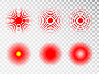 Pain red circle or localization mark, aching place sign, abstract symbol of pain, sore spot or hurt body part marker, design element for painkiller advertisement and medical information posters.