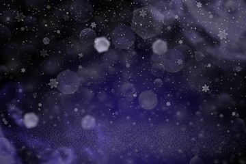 Fototapeta na wymiar blue wonderful glossy glitter lights defocused bokeh abstract background and falling snow flakes fly, festival mockup texture with blank space for your content