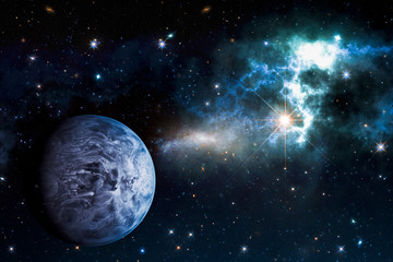 Picture of planet in space, nebula and sky. Astronomy concept background. Elements of this image furnished by NASA.