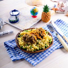 Bulgur with homemade roasted beef meatballs.