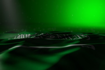 cute any holiday flag 3d illustration. - dark image of Saudi Arabia flag lying on green background with selective focus and empty place for your content