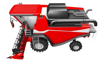 industrial 3D illustration of huge beautiful red rural combine harvester side view isolated on white