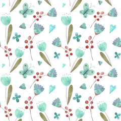 Fototapeta premium seamless pattern with cute watercolor illustration of stylized flowers.