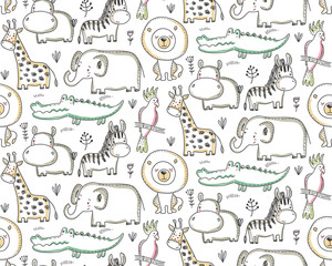 Vector seamless pattern with cartoon African animals, jungle plants and trees.