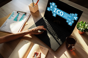 ICO - initial coin offering. Cryptocurrency, Blockchain. Fintech, modern financial technology...