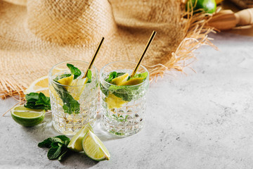 Summer drinks with fresh citrus and ice. .