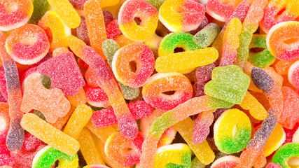 Assorted gummy candies. Top view. Jelly  sweets.