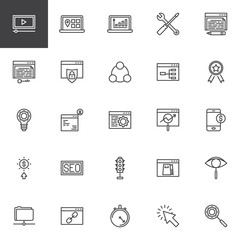 Search engine optimization line icons set. linear style symbols collection, outline signs pack. vector graphics. Set includes icons as seo web optimization, keyword search, sitemap, browser setting 