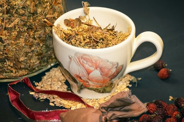 oat flakes and dog roses with a cup of tea