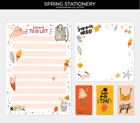 Collection of weekly and daily planners, sheet for notes and to do lists with summer  illustrations and lettering. 