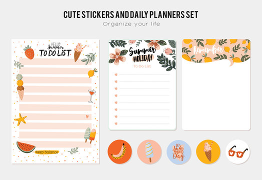 Collection of weekly and daily planners, sheet for notes and to do lists with summer  illustrations and lettering. 