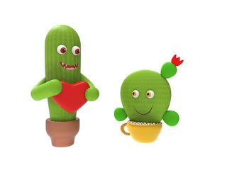 Cactus in love gives the heart to his beloved woman transparent background 3d rendering illustration 