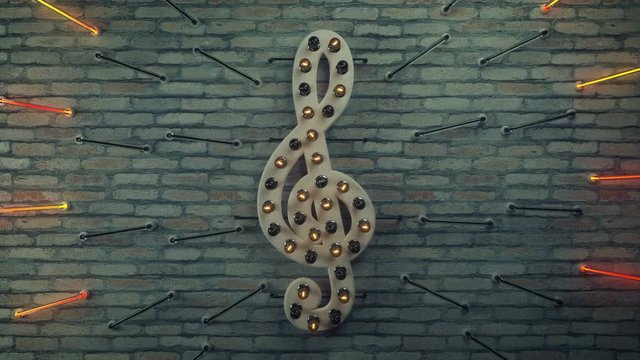 Clef musical note filament lamps decoration on wall. Nightclub symbol. 3D render seamless loop animation