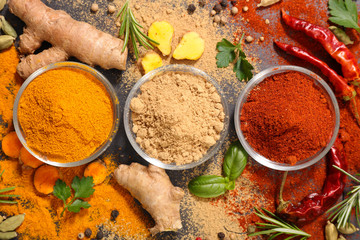 spices with ingredients, curry-chili-coriander-ginger
