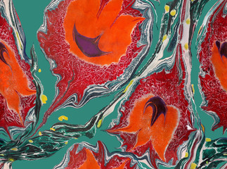 ebru; tulips; fantasy; flowers; abstract; seamless; pattern; red; orange; green; yellow; blue; colors; colorfull; 3D effect; ebru pattern; fantasy flowers; abstract art; seamless pattern