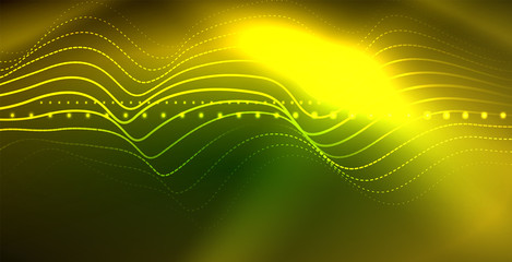 Glowing abstract wave on dark, shiny motion, magic space light. Techno abstract background