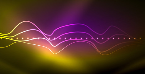Glowing abstract wave on dark, shiny motion, magic space light. Techno abstract background