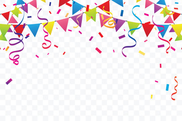 Colorful Party Flags With Confetti And Ribbons Falling On Transparent Background. Celebration Event & Happy Birthday. Multicolored. Vector