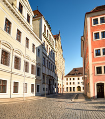 Historic houses and old cobblestones downtown Goerlitz in Saxony, Germany