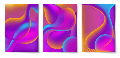 Set of vertical abstract vibrant color background with liquid shapes. Wallpaper template is neon purple color. Vector illustration.
