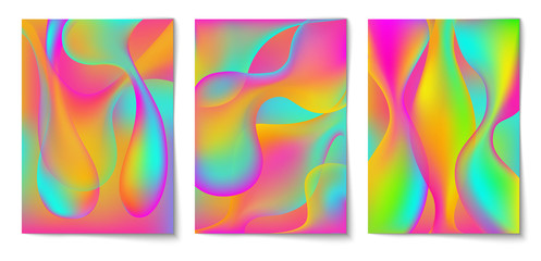 Set of vertical abstract vibrant multicolor background with liquid shapes. Wallpaper template is neon rainbow colors. Vector illustration.