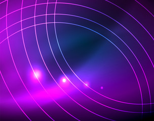 Blue neon circles, abstract circular lines. Glowing circle abstract pattern background