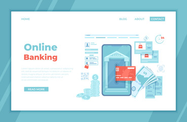 Online Internet Banking. Payment for purchases via smartphone. Fast easy securely mobile banking. Credit card transaction, financial application. Phone, money, login. landing page template or banner.