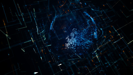 3d illustration of abstract sphere shape of glowing circles and particles . Global Network connection visualization . Futuristic earth globe . 3d planet concept . Science and technology background