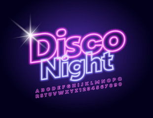 Fototapeta na wymiar Vector Neon flyer Disco Night with Uppercase Alphabet Letters and Numbers. Illuminated Bright Font