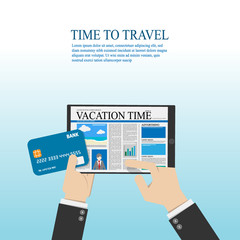 businessman use digital tablet for reading about travel information and holding credit card in hand. vector illustration flat design