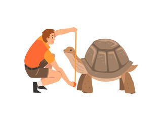 Zoo Worker or Veterinarian Examining and Measuring Turtle, Professional Zookeeper Character Caring of Animal Vector Illustration