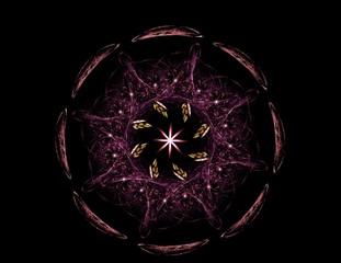 Particles of abstract fractal forms on the subject of nuclear physics science and graphic design. Geometry sacred.