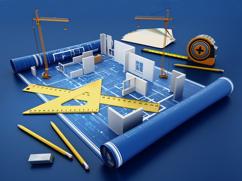 House construction project with rulers, tape measure, pencils and color cartela. 3D illustration