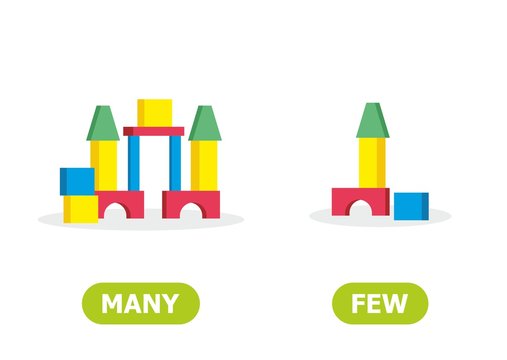 Children's building blocks. Illustration of opposites many and few. Card for teaching aid, for a foreign language learning. Vector illustration on white background, cartoon style.